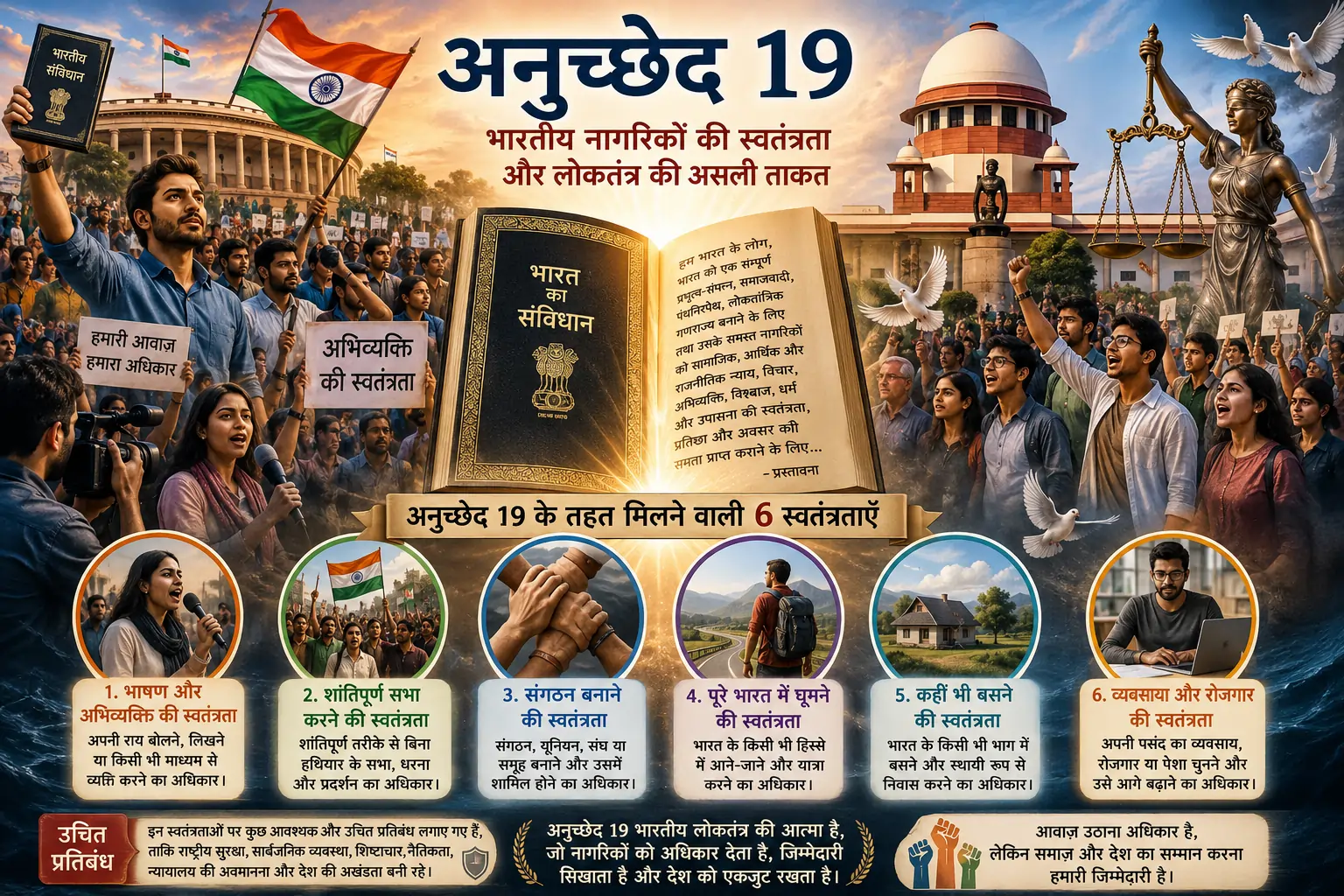 अनुच्छेद 19 क्या है? 6 स्वतंत्रताएं, उचित प्रतिबंध, महत्वपूर्ण केस