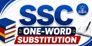 Blue and red banner with "SSC One-Word Substitution" text, a stack of books, an open book with pen, and a lightbulb idea icon representing SSC exam preparation